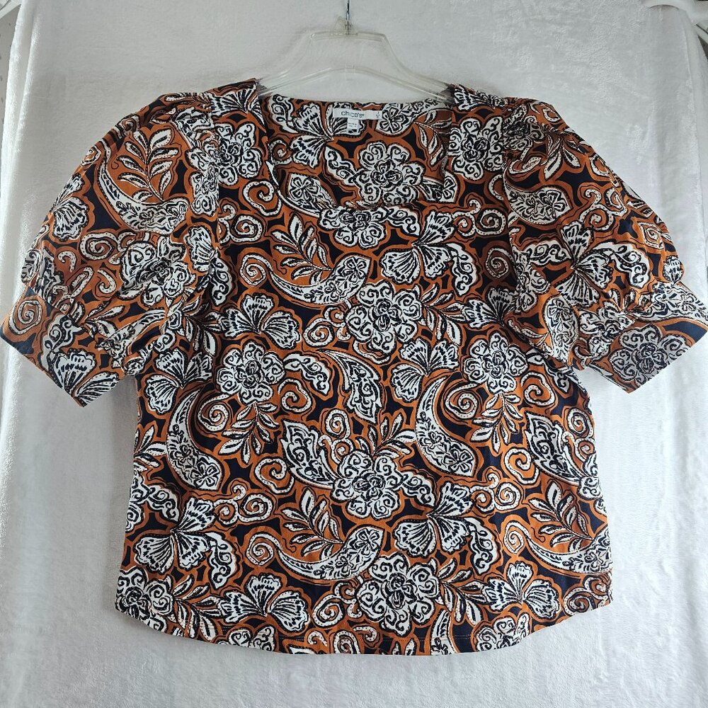 Chicos Women Blouse Square Neck Paisley Floral Puffed Short Sleeve Size 3 USA XL